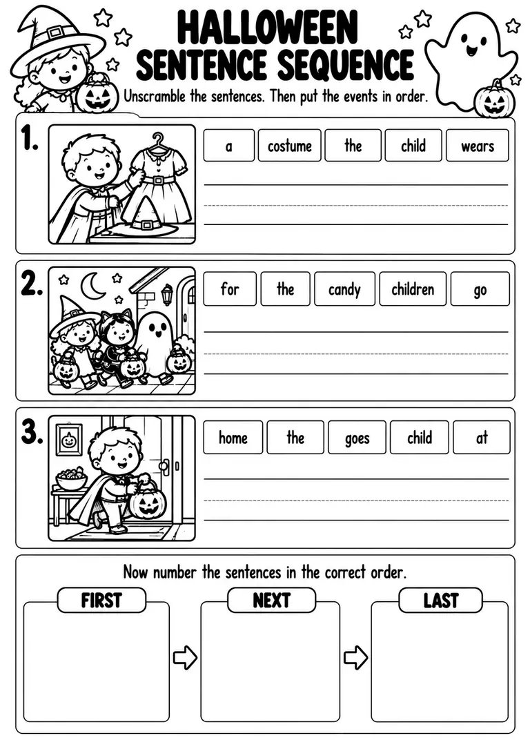 Halloween Sentence Sequence for Kindergarten, 1st Grade