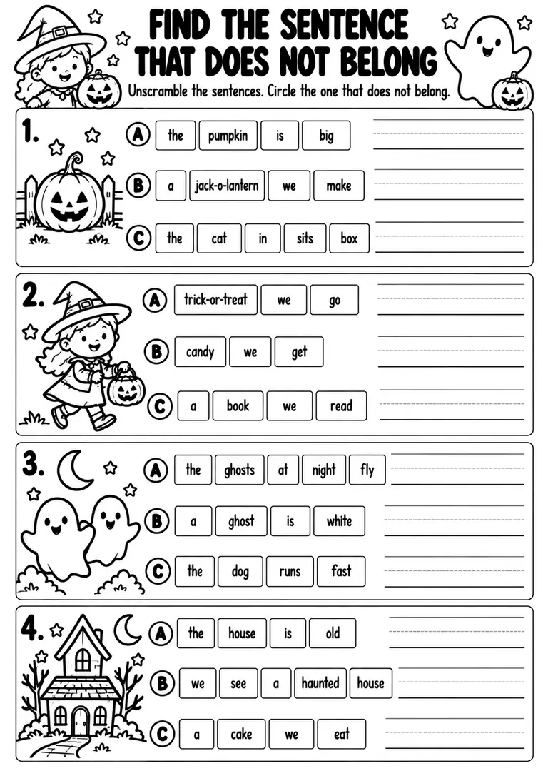 Find the Sentence That Does Not Belong for Kindergarten, 1st Grade