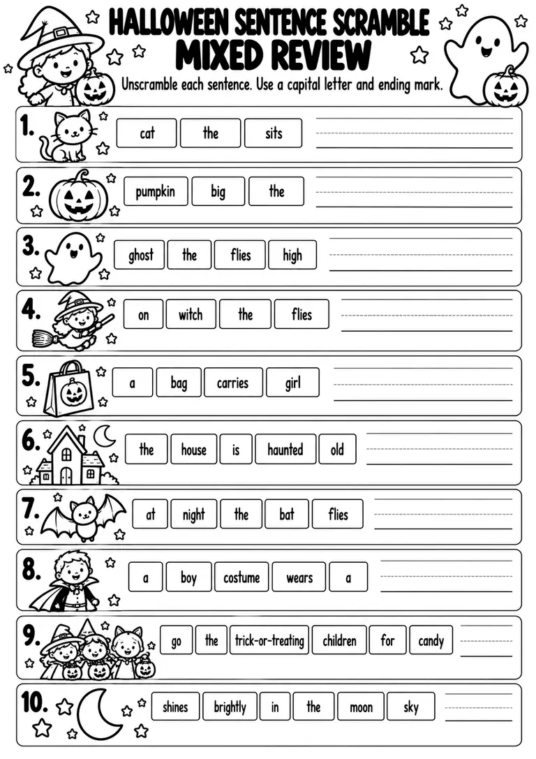Halloween Sentence Scramble Mixed Review for Kindergarten, 1st Grade