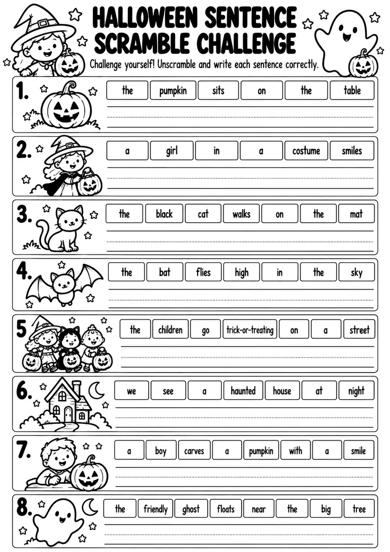 Halloween Sentence Scramble Challenge for Kindergarten, 1st Grade