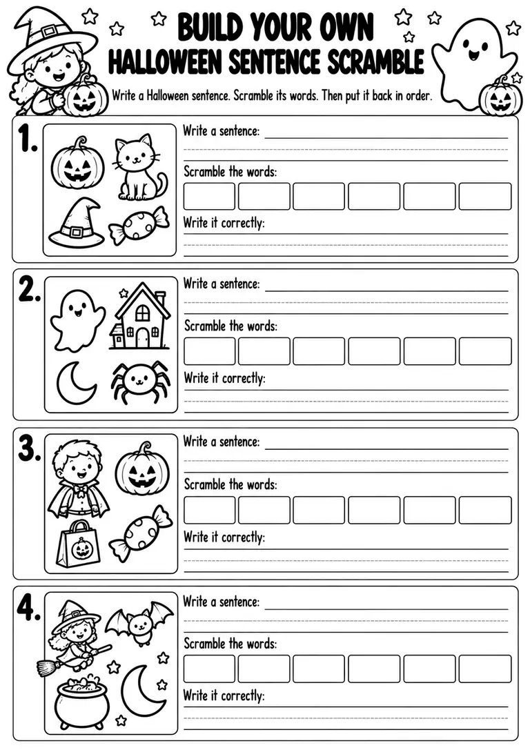 Build Your Own Halloween Sentence Scramble for Kindergarten, 1st Grade