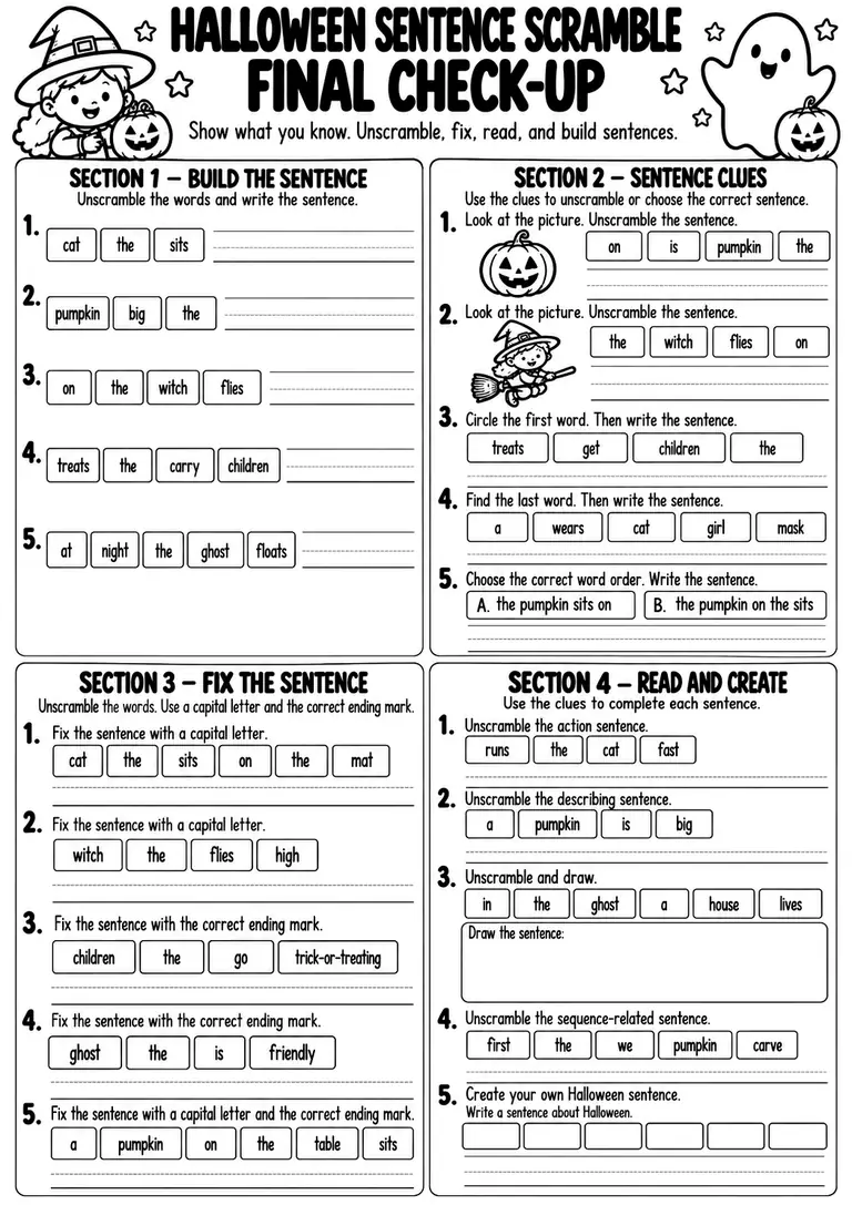 Halloween Sentence Scramble Final Check-Up for Kindergarten, 1st Grade