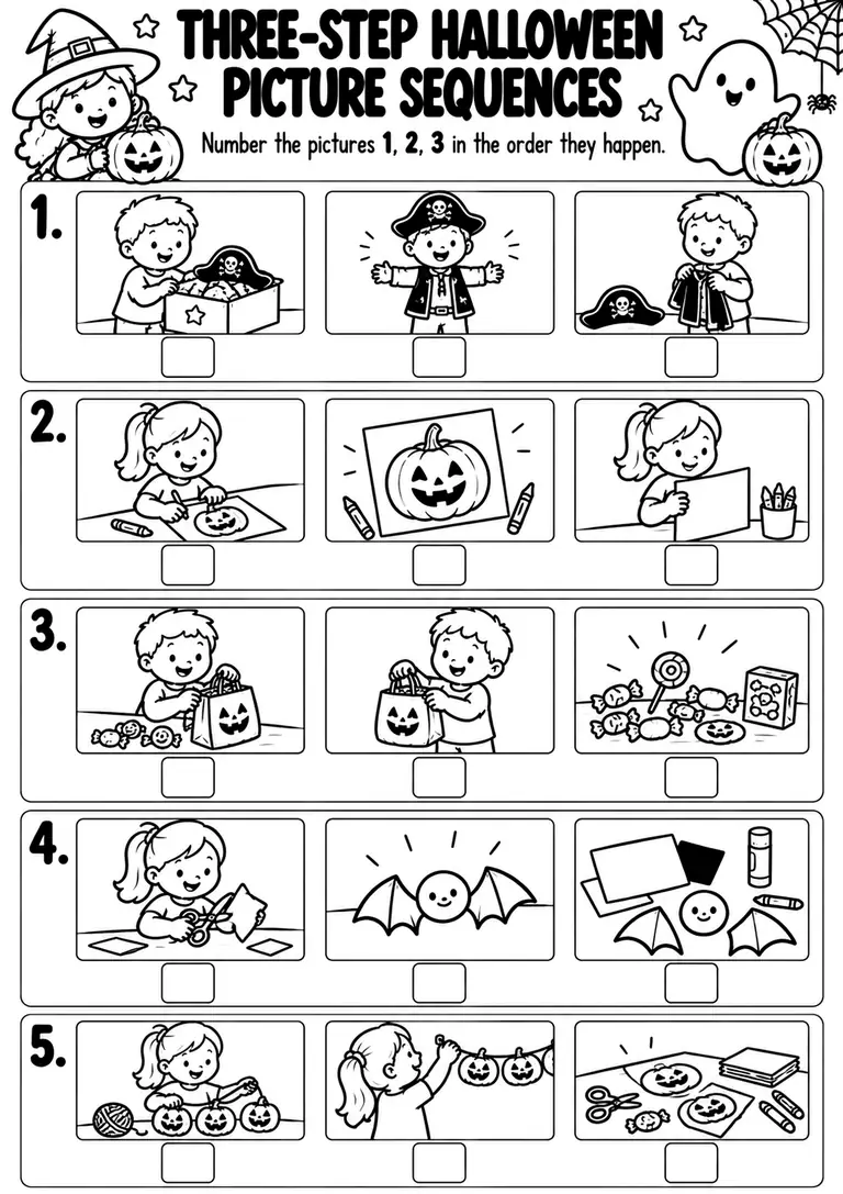 Three-Step Halloween Picture Sequences for Kindergarten, 1st Grade