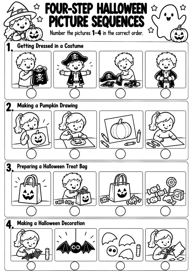 Four-Step Halloween Picture Sequences for Kindergarten, 1st Grade