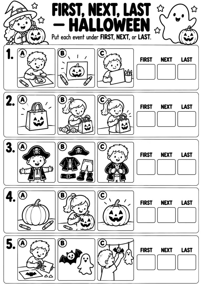 First Next Last Halloween for Kindergarten, 1st Grade