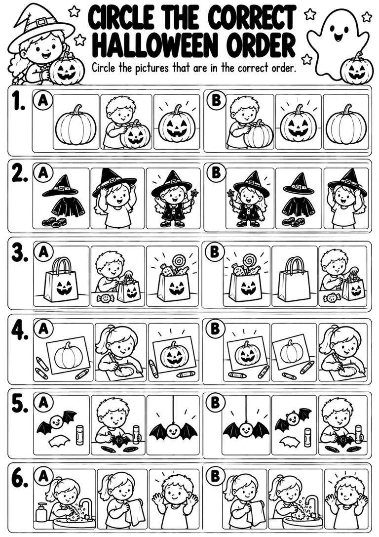 Circle the Correct Halloween Order for Kindergarten, 1st Grade