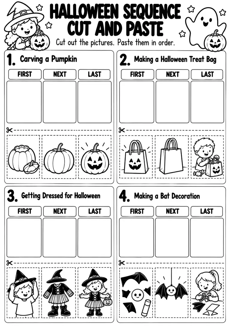 Halloween Sequence Cut and Paste for Kindergarten, 1st Grade