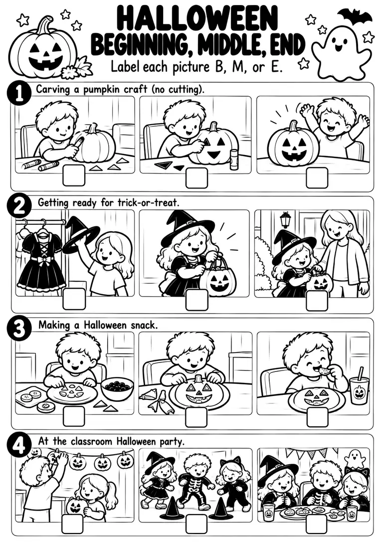 Halloween Beginning Middle End WORKSHEET for Kindergarten, 1st Grade