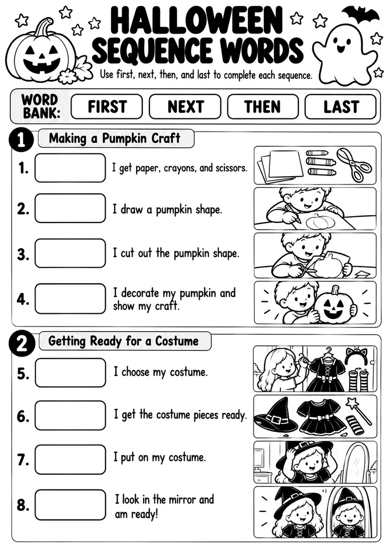 Halloween Sequence Words for Kindergarten, 1st Grade