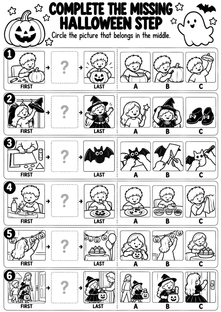 Complete the Missing Halloween Step for Kindergarten, 1st Grade