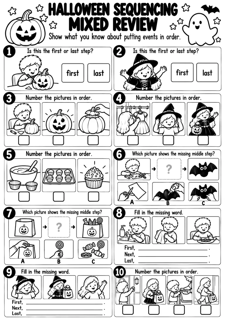 Halloween Sequencing Mixed Review for Kindergarten, 1st Grade