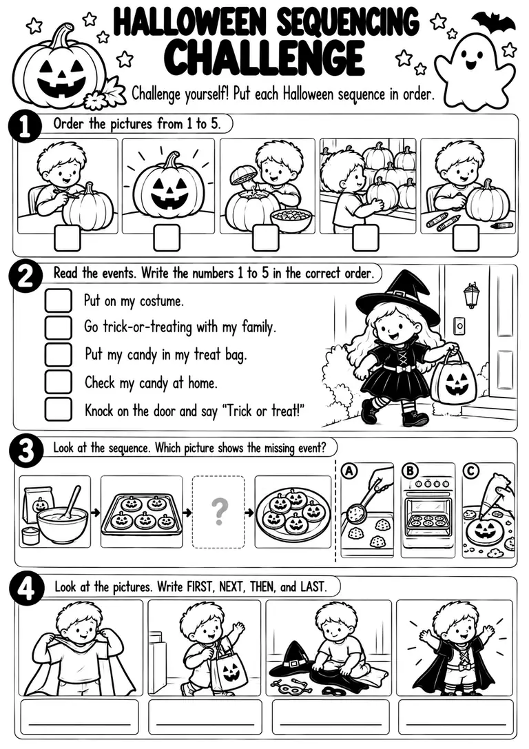 Halloween Sequencing Challenge for Kindergarten, 1st Grade