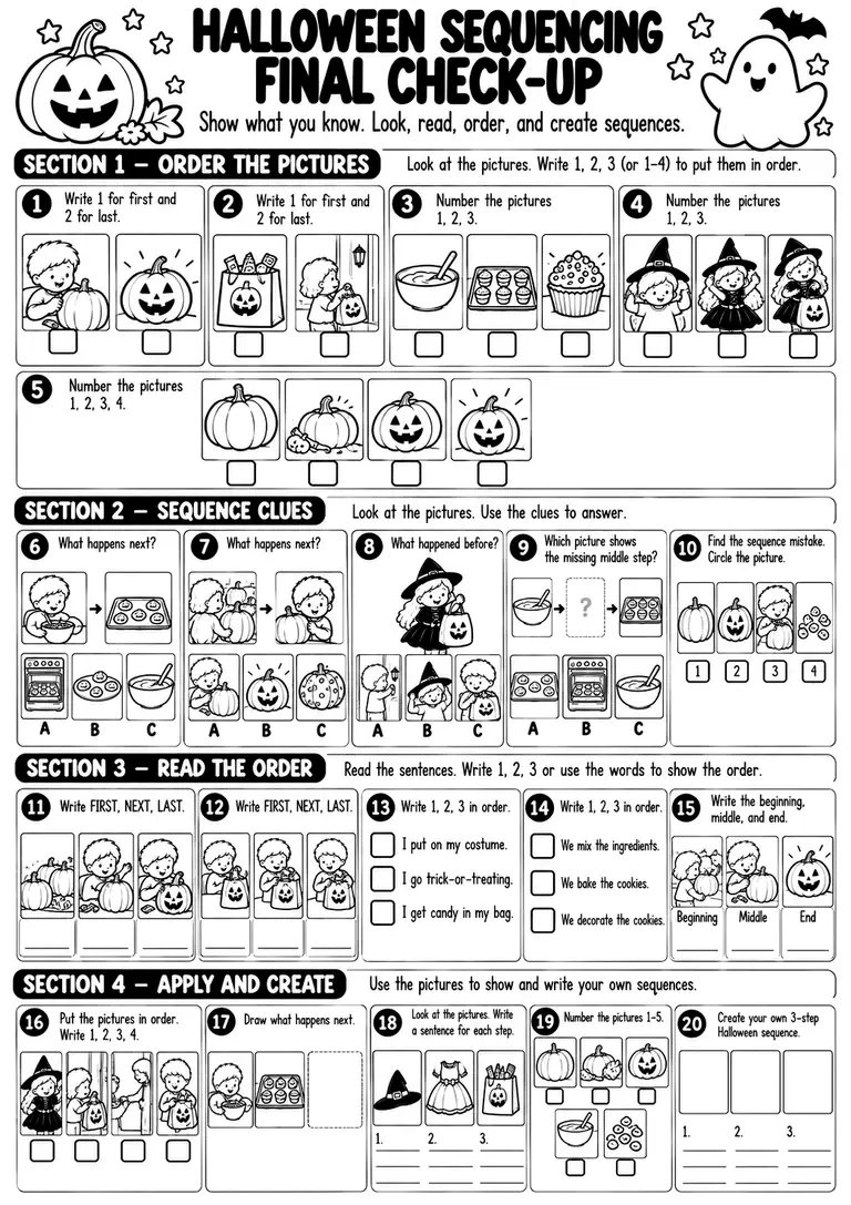Halloween Sequencing Final Check-Up for Kindergarten, 1st Grade