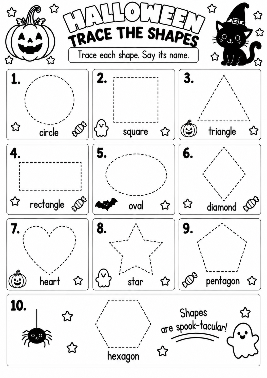 HALLOWEEN TRACE THE SHAPES for Pre-K, Kindergarten, 1st Grade