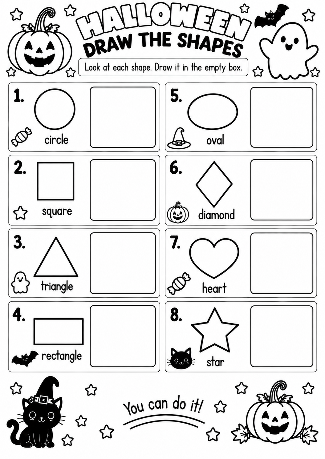 HALLOWEEN DRAW THE SHAPES for Pre-K, Kindergarten, 1st Grade