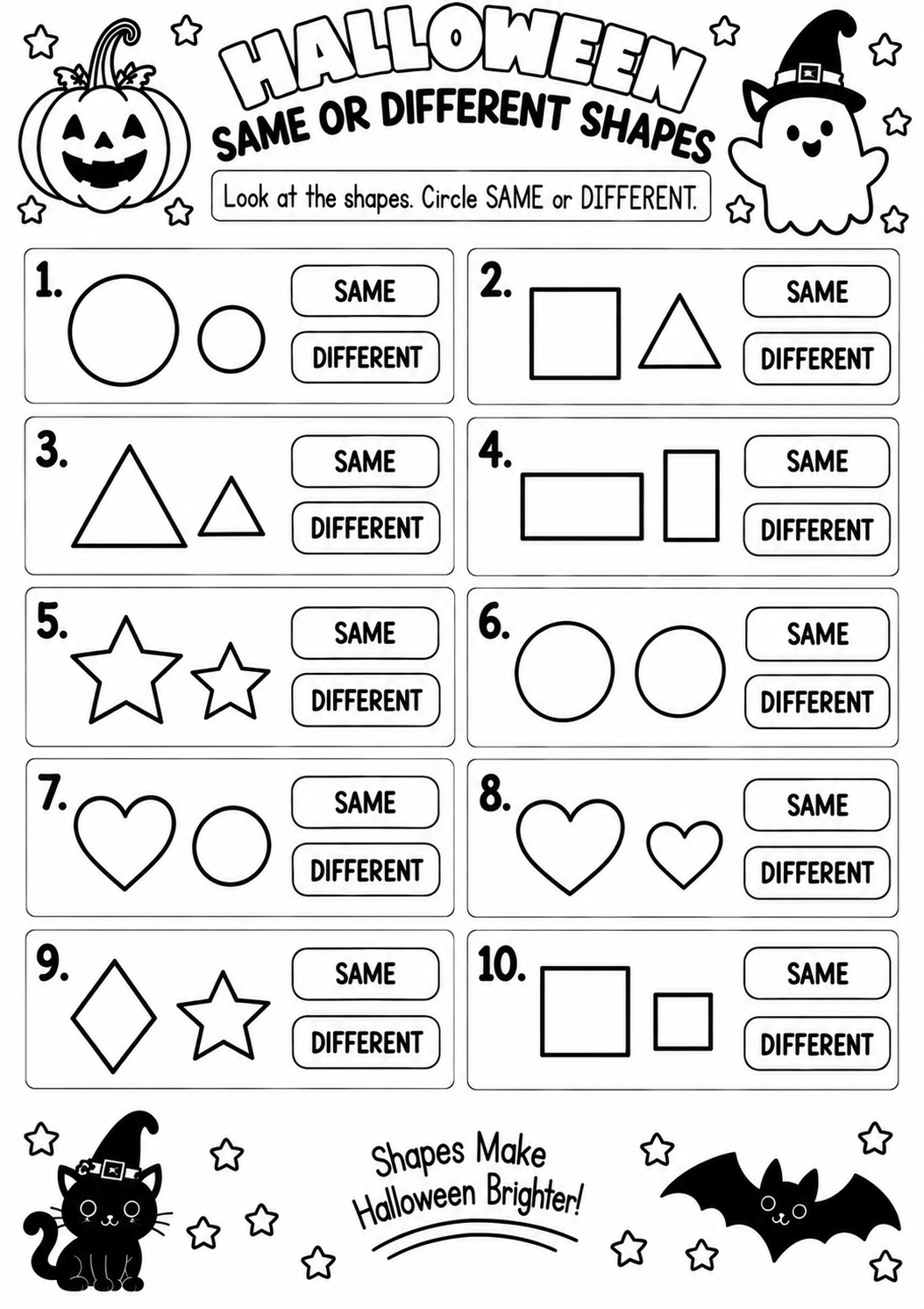 HALLOWEEN SAME OR DIFFERENT SHAPES for Pre-K, Kindergarten, 1st Grade