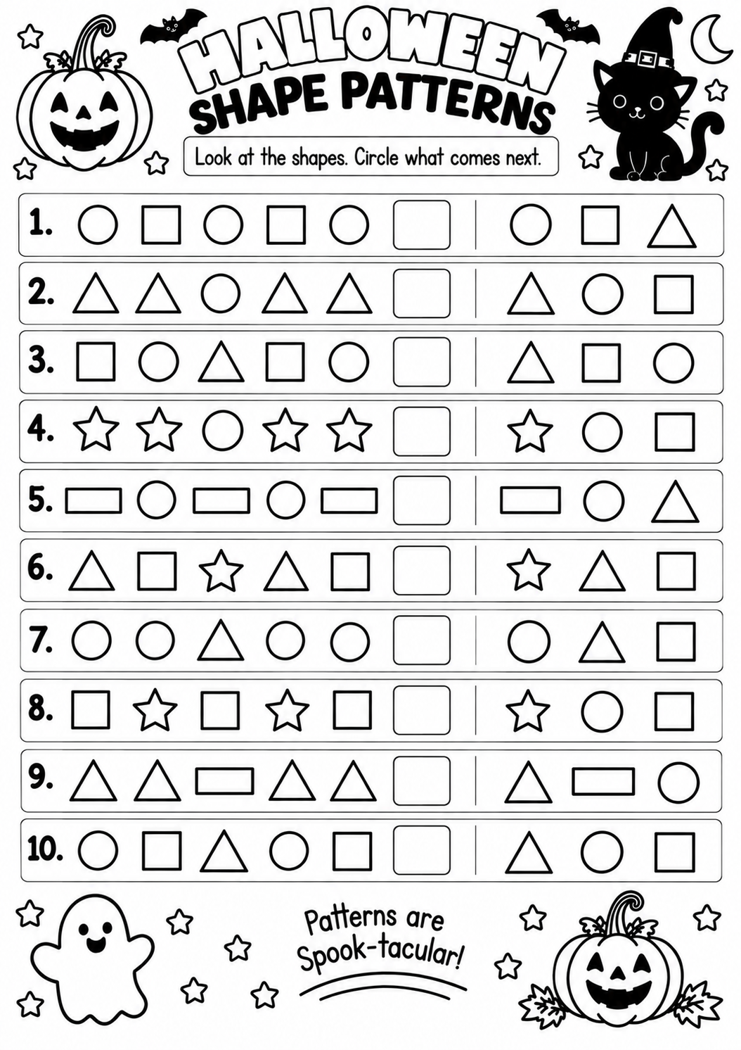 HALLOWEEN SHAPE PATTERNS WORKSHEET for Pre-K, Kindergarten, 1st Grade