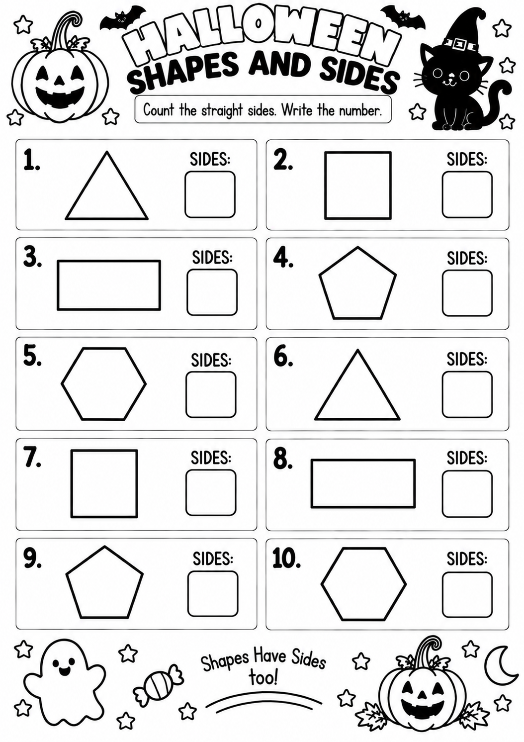 HALLOWEEN SHAPES AND SIDES for Pre-K, Kindergarten, 1st Grade