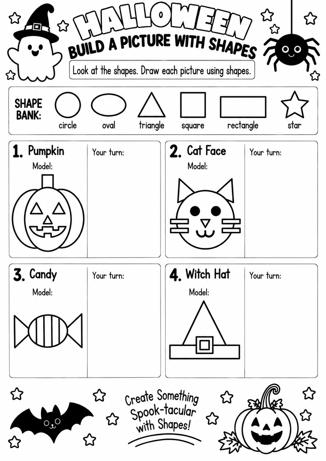 HALLOWEEN BUILD A PICTURE WITH SHAPES for Pre-K, Kindergarten, 1st Grade