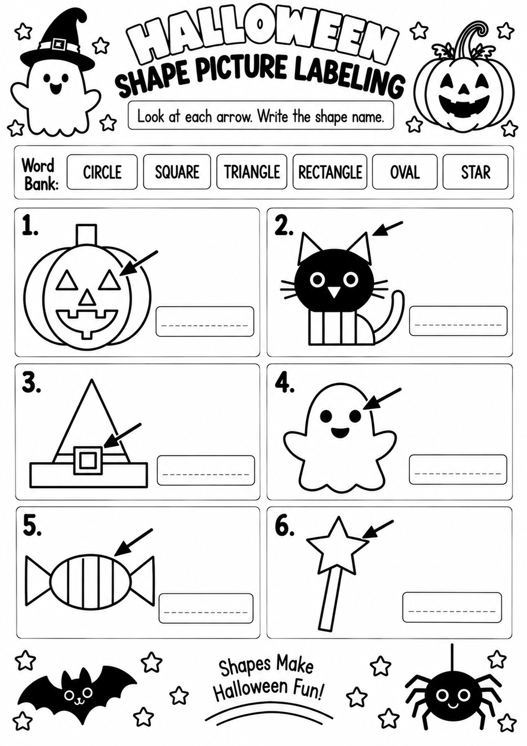 HALLOWEEN SHAPE PICTURE LABELING for Pre-K, Kindergarten, 1st Grade