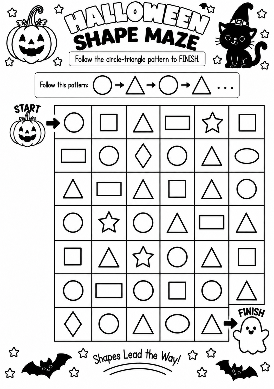 HALLOWEEN SHAPE MAZE for Pre-K, Kindergarten, 1st Grade