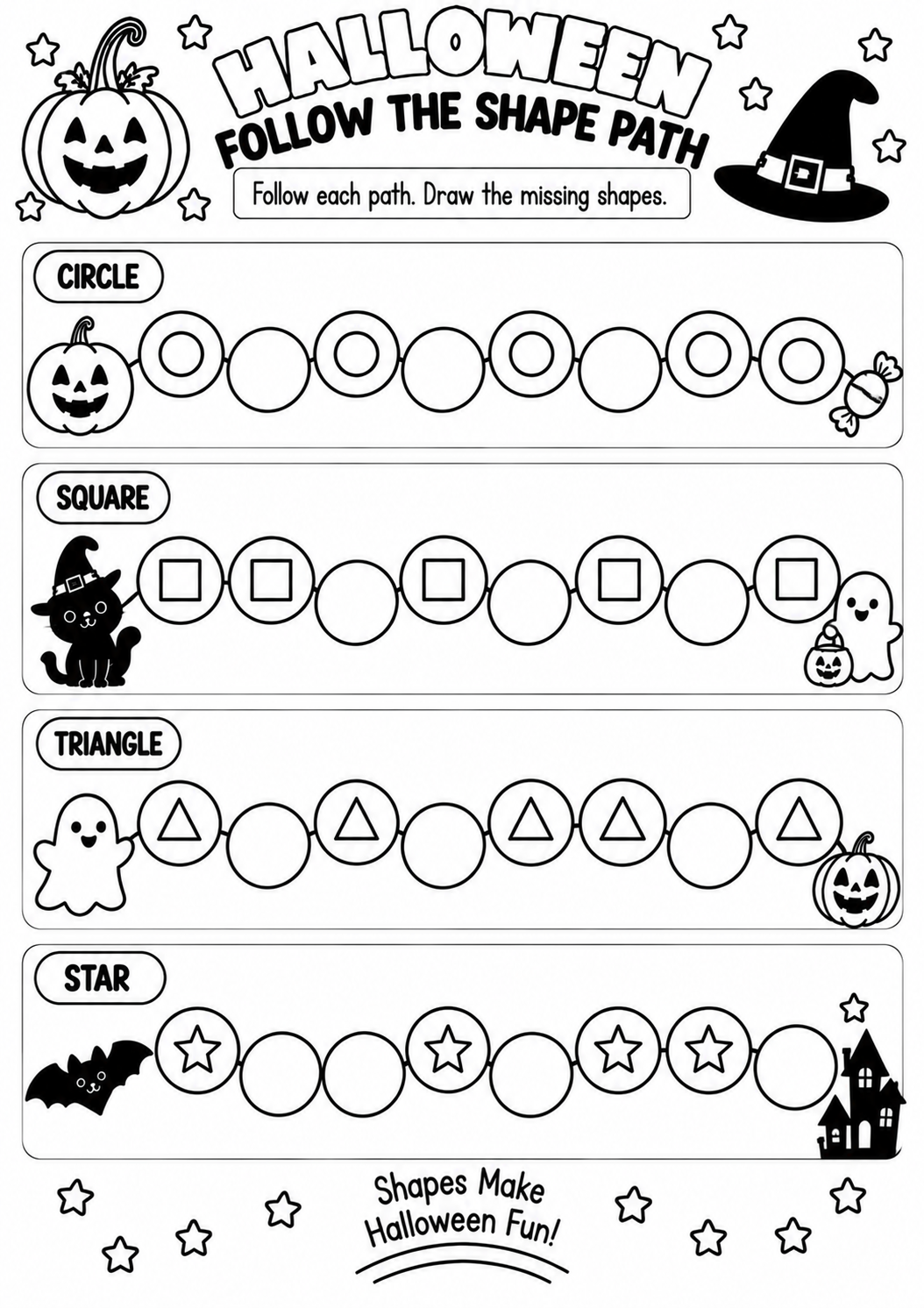 HALLOWEEN FOLLOW THE SHAPE PATH for Pre-K, Kindergarten, 1st Grade