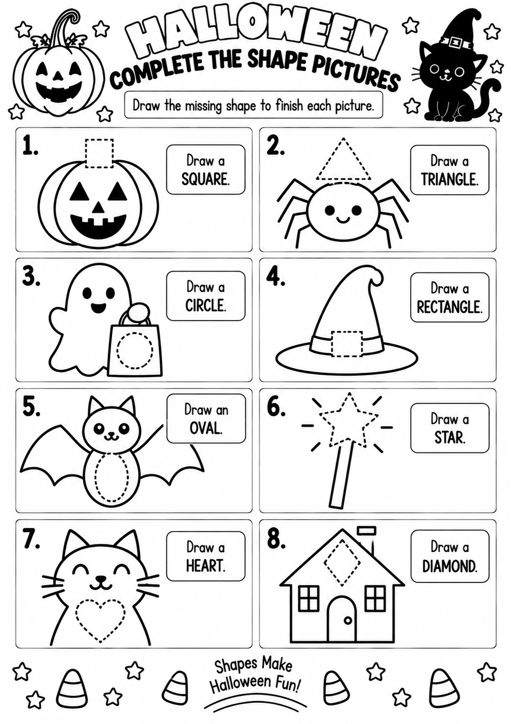 HALLOWEEN COMPLETE THE SHAPE PICTURES for Pre-K, Kindergarten, 1st Grade