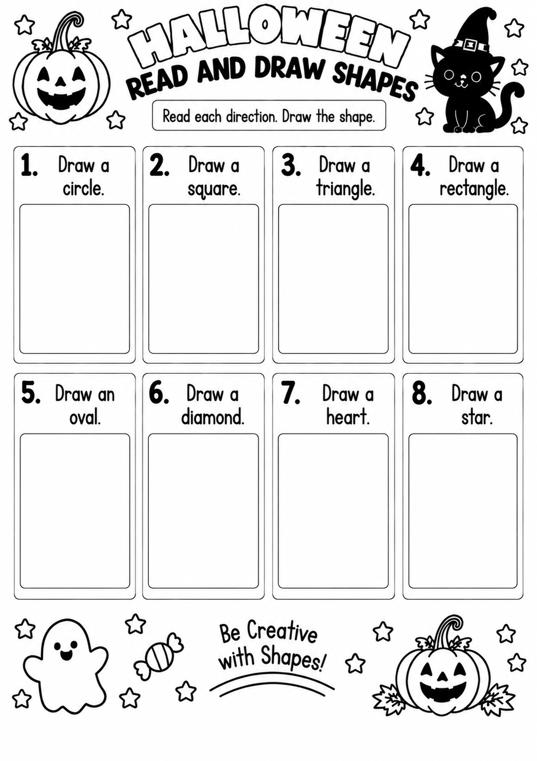 HALLOWEEN READ AND DRAW SHAPES for Pre-K, Kindergarten, 1st Grade