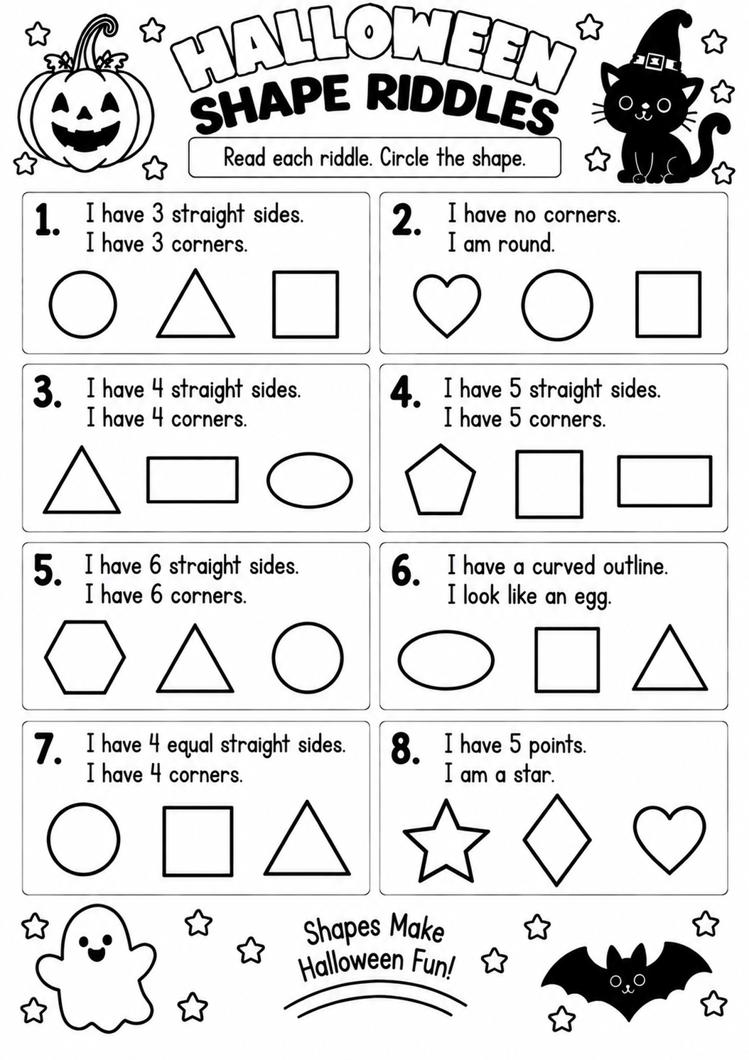 HALLOWEEN SHAPE RIDDLES for Pre-K, Kindergarten, 1st Grade