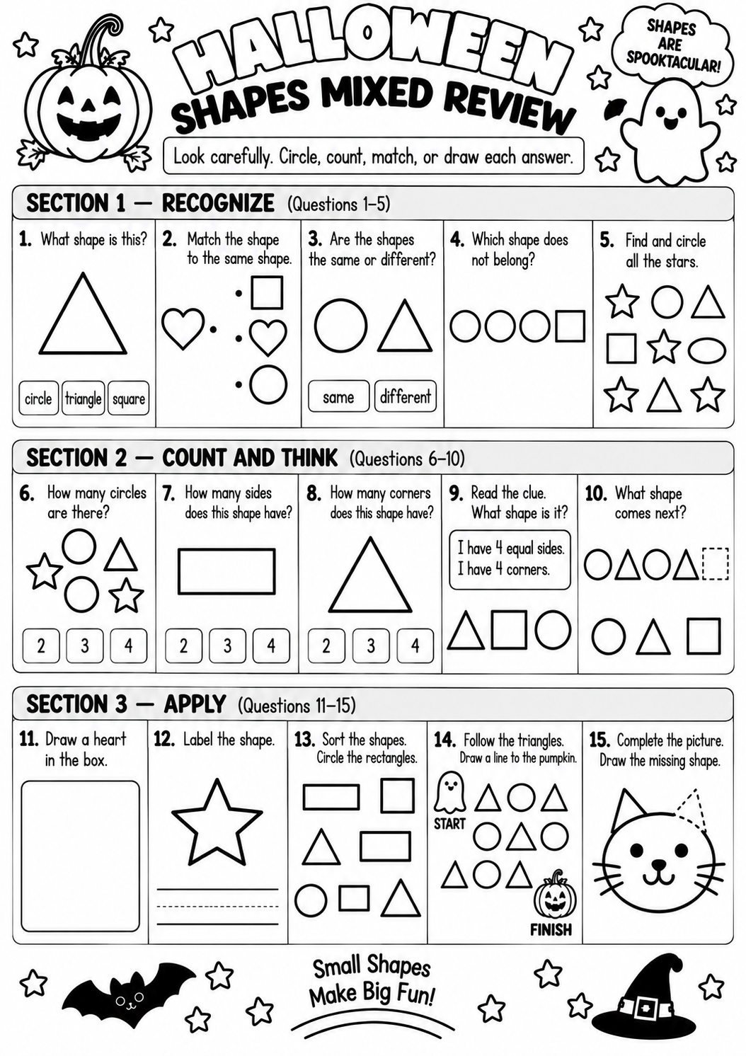 HALLOWEEN SHAPES MIXED REVIEW for Pre-K, Kindergarten, 1st Grade