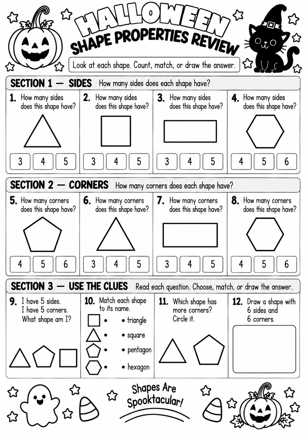 HALLOWEEN SHAPE PROPERTIES REVIEW for Pre-K, Kindergarten, 1st Grade
