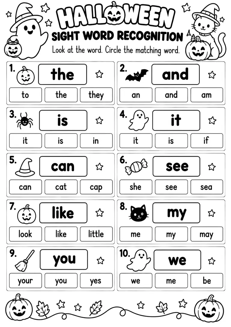 HALLOWEEN SIGHT WORD RECOGNITION for Kindergarten, 1st Grade