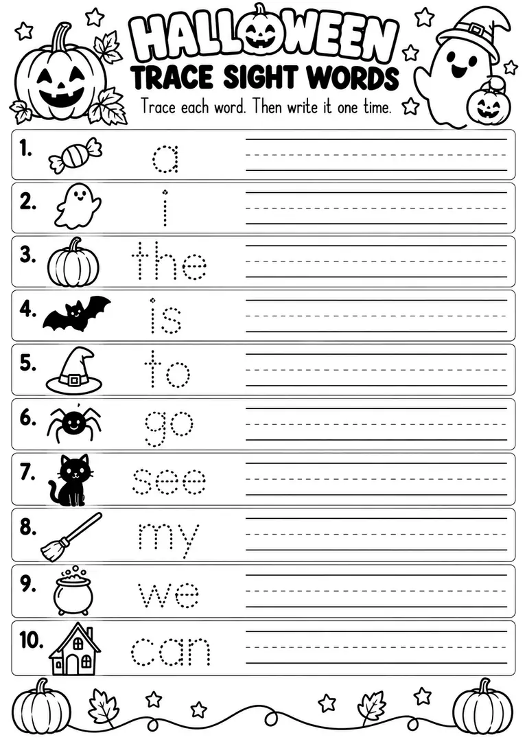 HALLOWEEN TRACE SIGHT WORDS for Kindergarten, 1st Grade