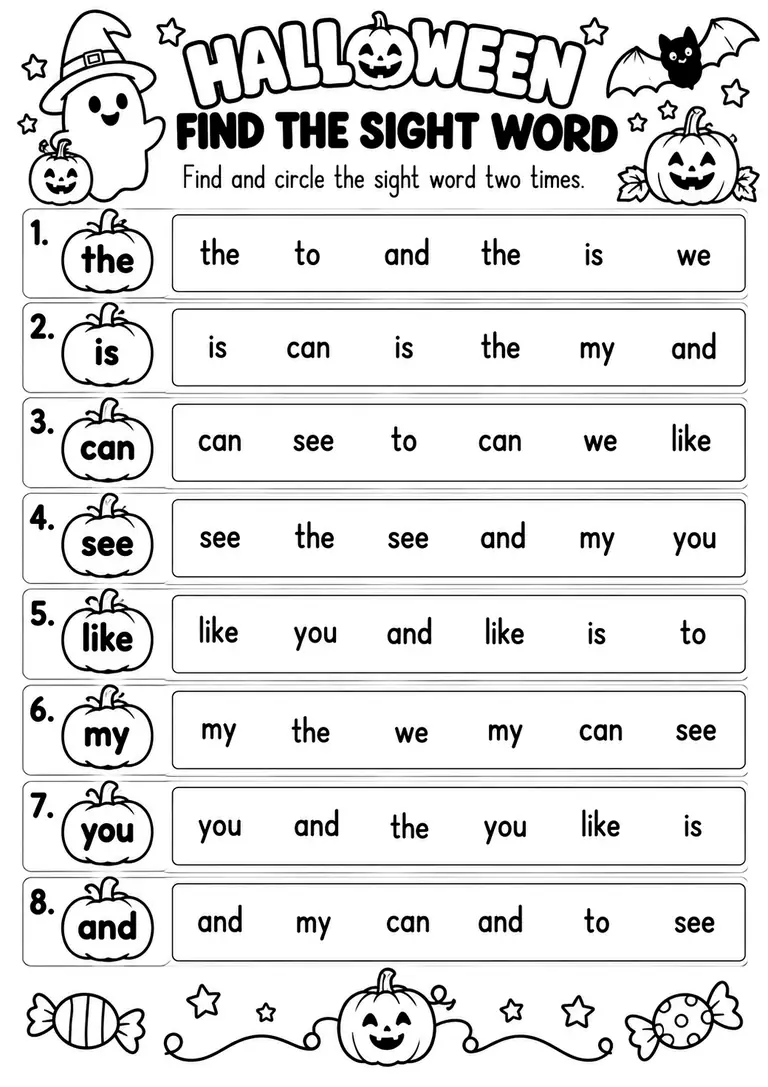 HALLOWEEN FIND THE SIGHT WORD for Kindergarten, 1st Grade