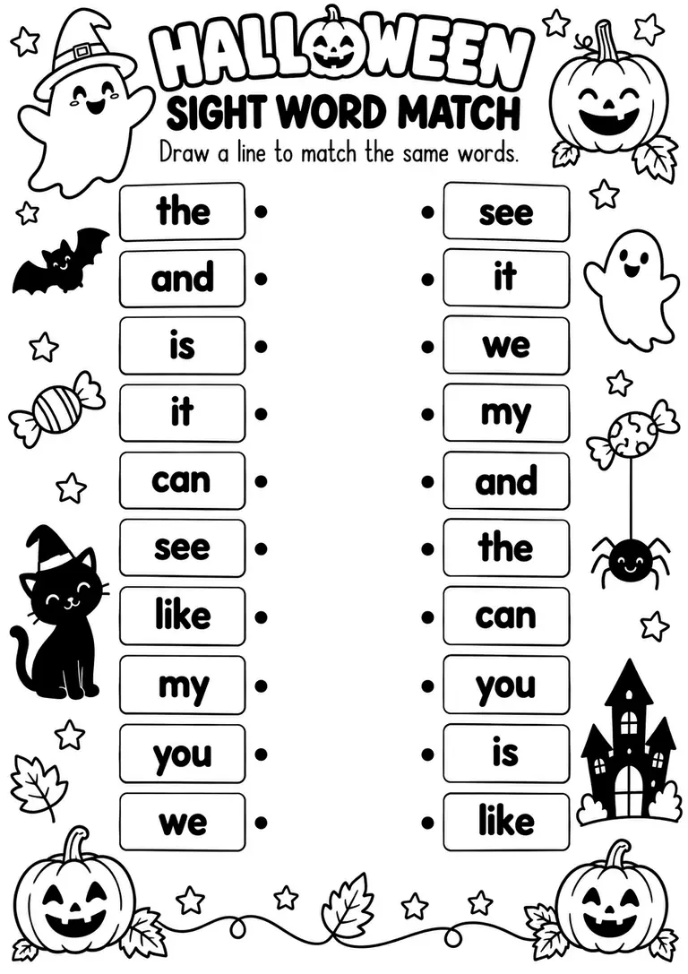 HALLOWEEN SIGHT WORD MATCH for Kindergarten, 1st Grade