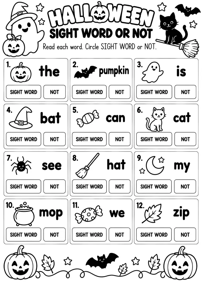 HALLOWEEN SIGHT WORD OR NOT for Kindergarten, 1st Grade