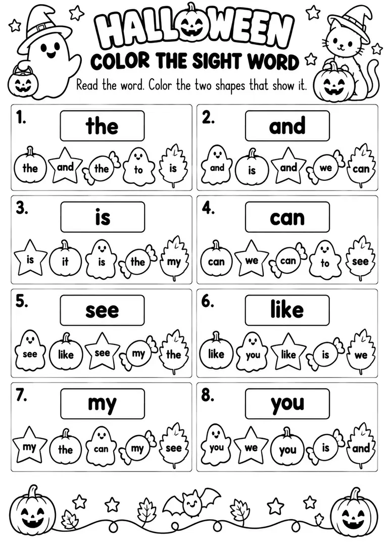 HALLOWEEN COLOR THE SIGHT WORD for Kindergarten, 1st Grade