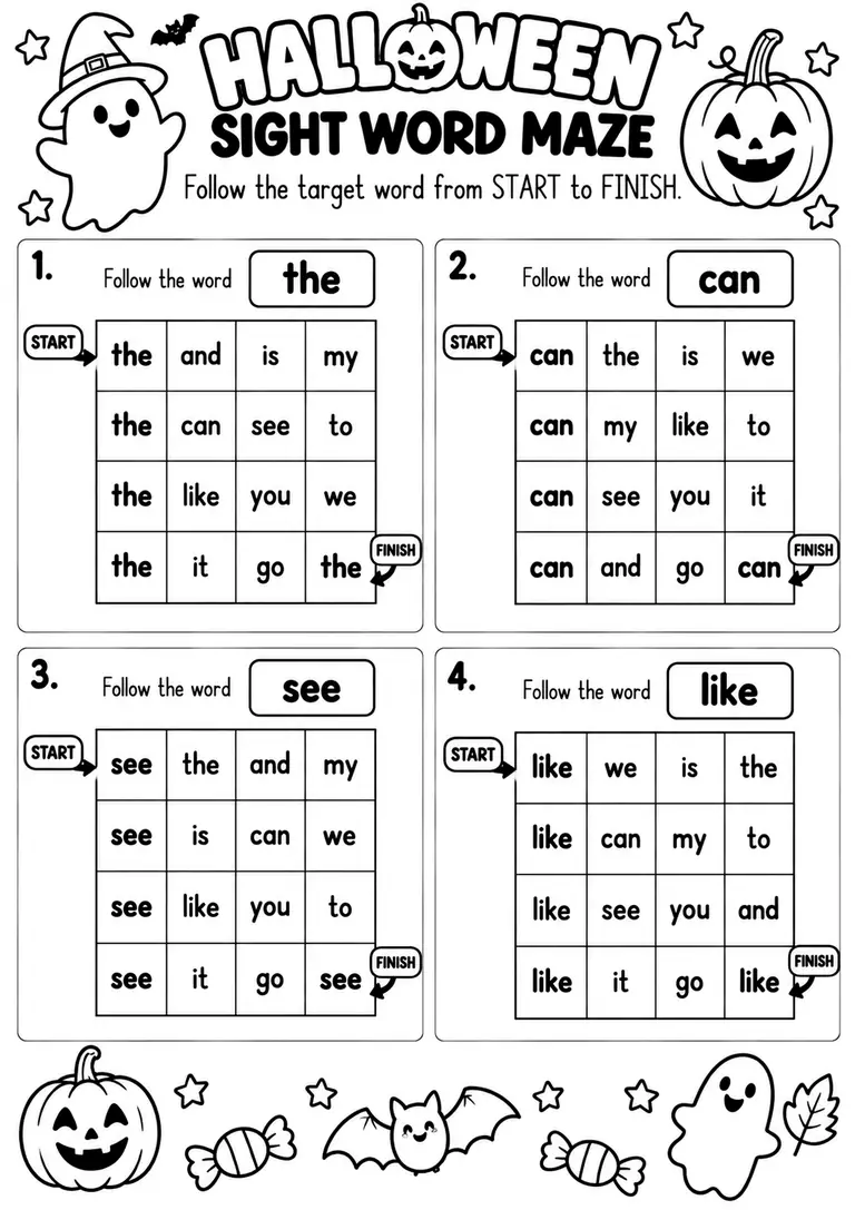 HALLOWEEN SIGHT WORD MAZE for Kindergarten, 1st Grade