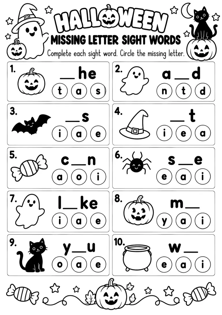 HALLOWEEN MISSING LETTER SIGHT WORDS for Kindergarten, 1st Grade