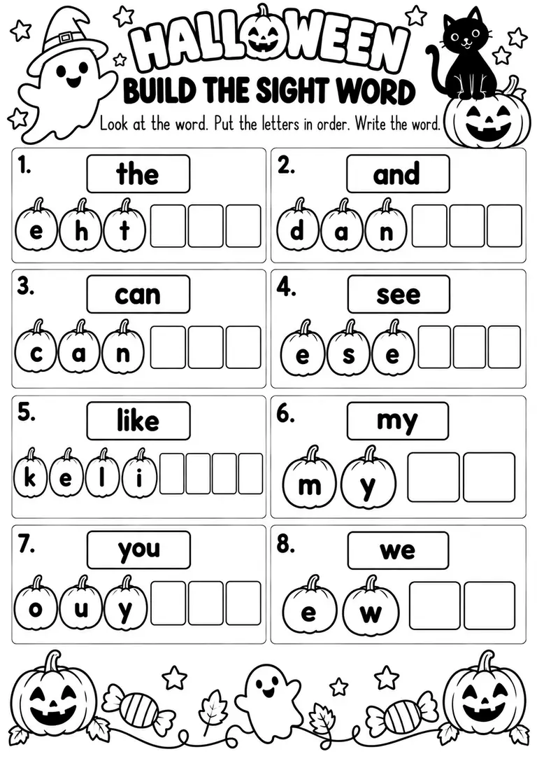 HALLOWEEN BUILD THE SIGHT WORD for Kindergarten, 1st Grade