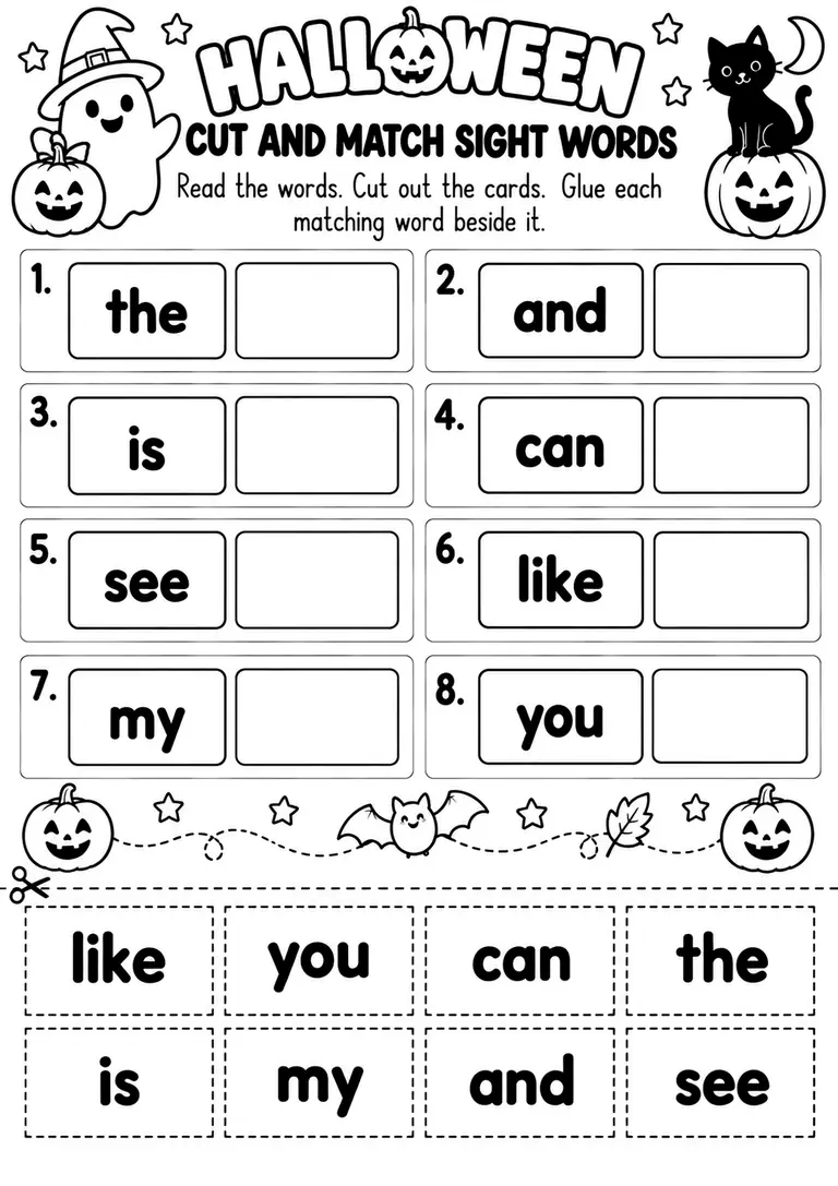 HALLOWEEN CUT AND MATCH SIGHT WORDS for Kindergarten, 1st Grade
