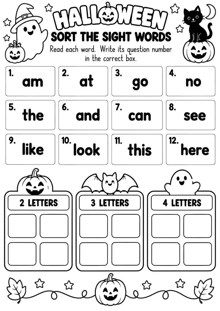 HALLOWEEN SORT THE SIGHT WORDS for Kindergarten, 1st Grade