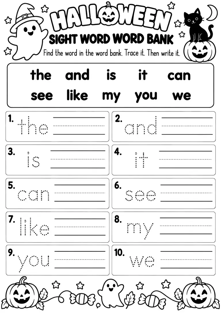 HALLOWEEN SIGHT WORD WORD BANK for Kindergarten, 1st Grade