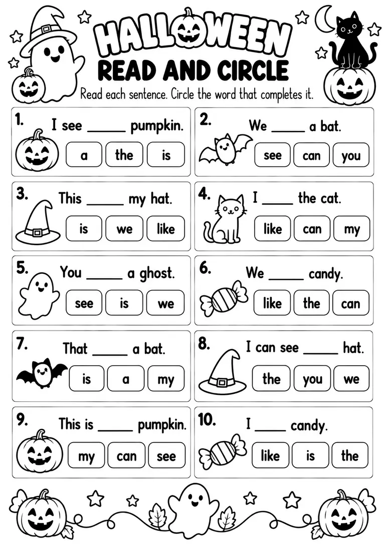 HALLOWEEN READ AND CIRCLE for Kindergarten, 1st Grade