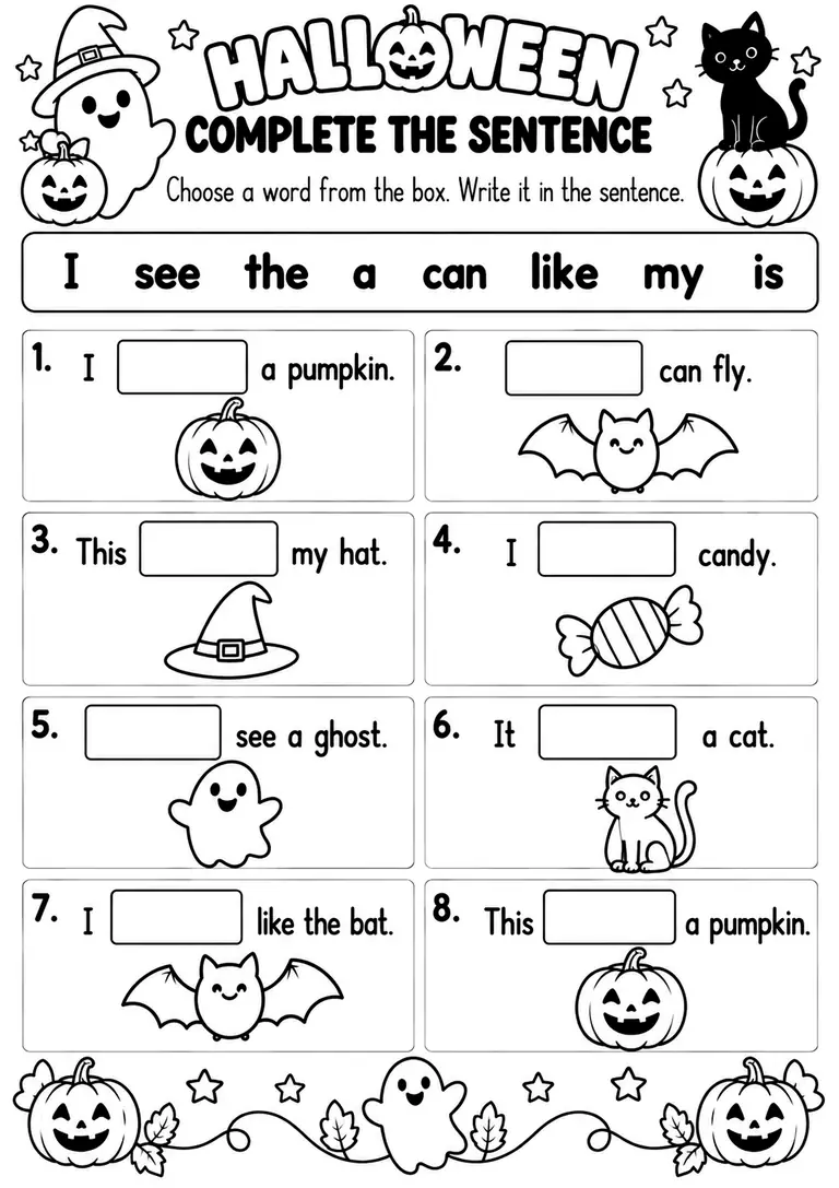 HALLOWEEN COMPLETE THE SENTENCE for Kindergarten, 1st Grade