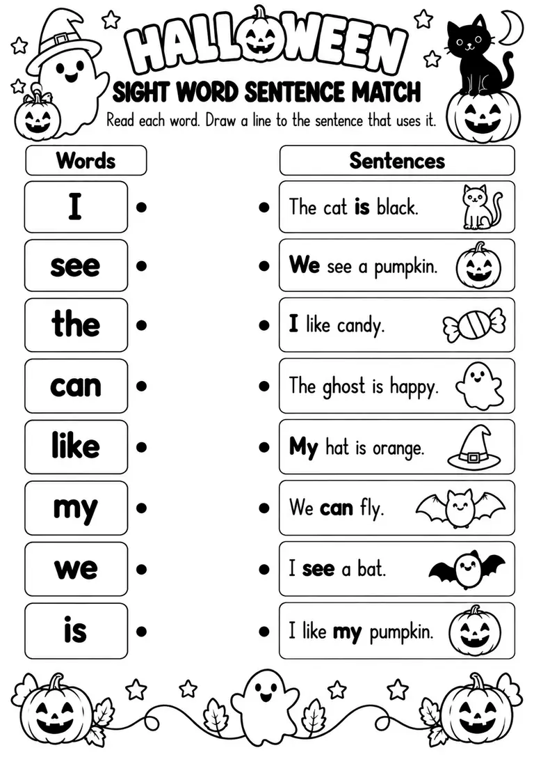 HALLOWEEN SIGHT WORD SENTENCE MATCH for Kindergarten, 1st Grade