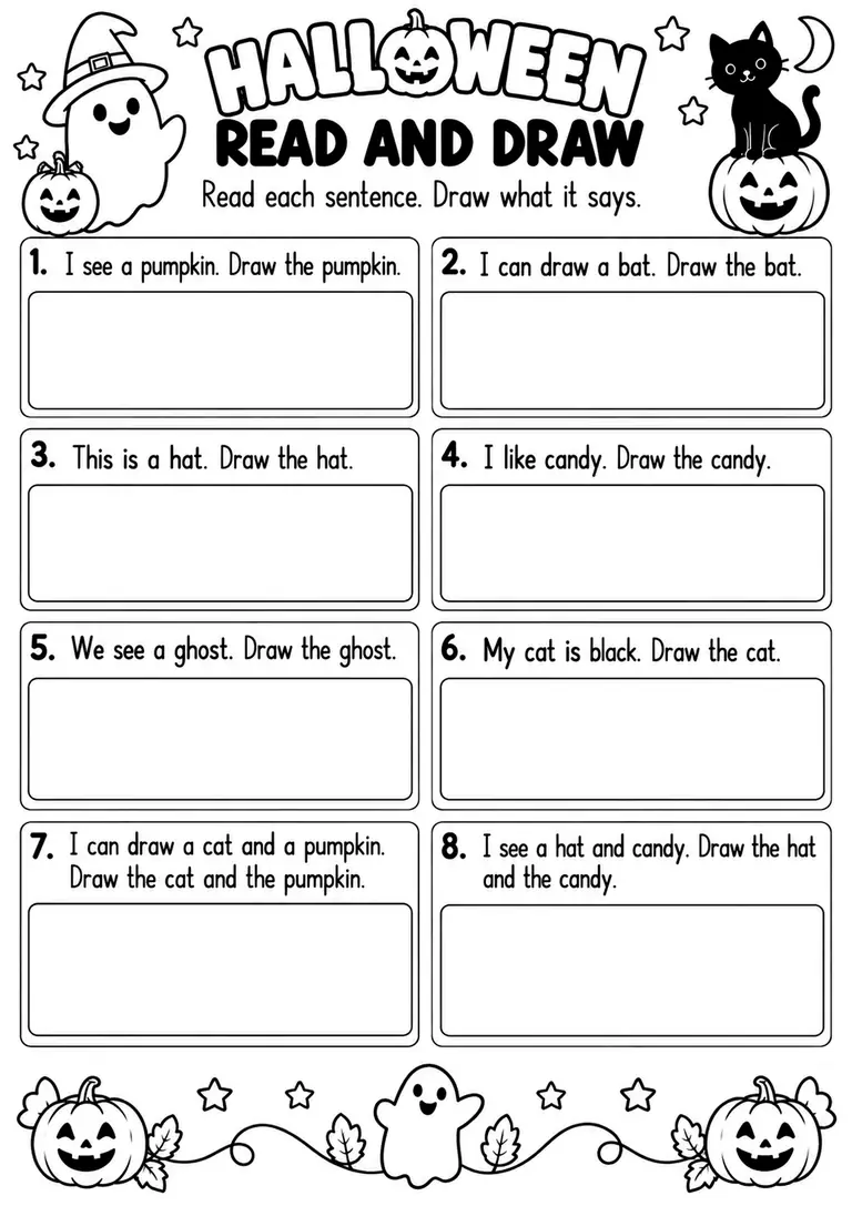 HALLOWEEN READ AND DRAW WORKSHEET for Kindergarten, 1st Grade