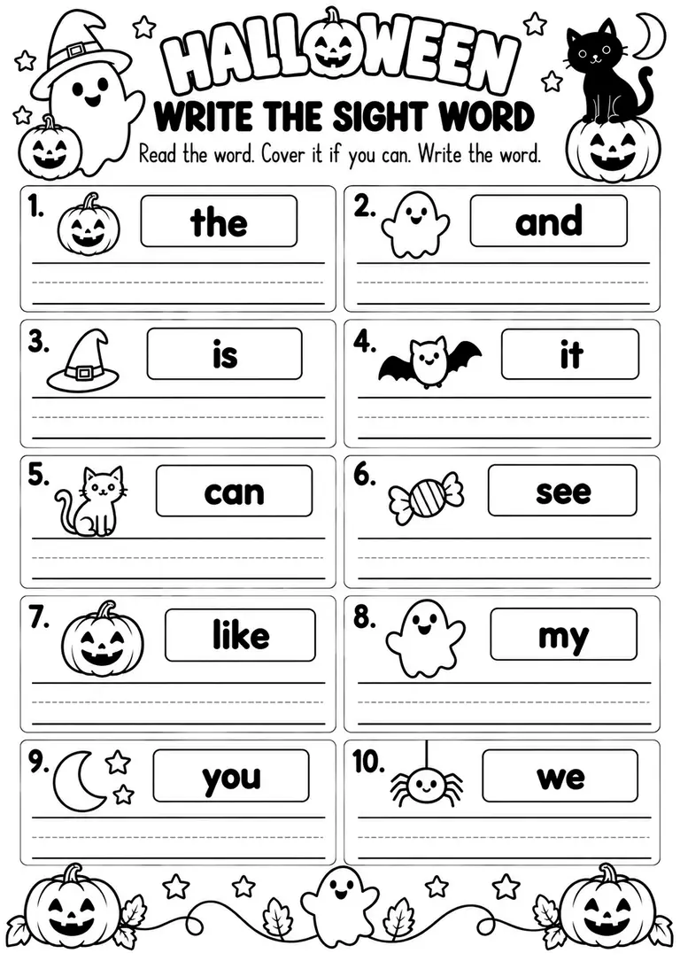 HALLOWEEN WRITE THE SIGHT WORD for Kindergarten, 1st Grade