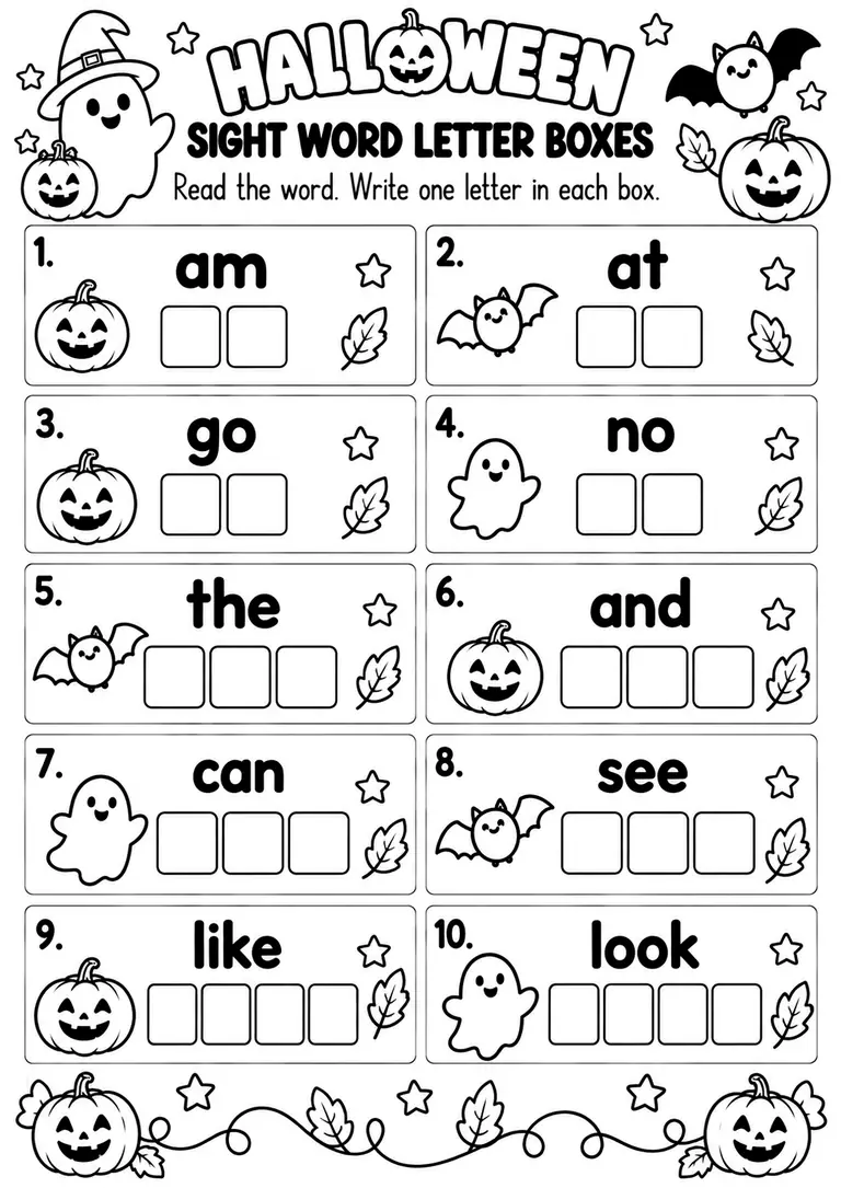 HALLOWEEN SIGHT WORD LETTER BOXES for Kindergarten, 1st Grade