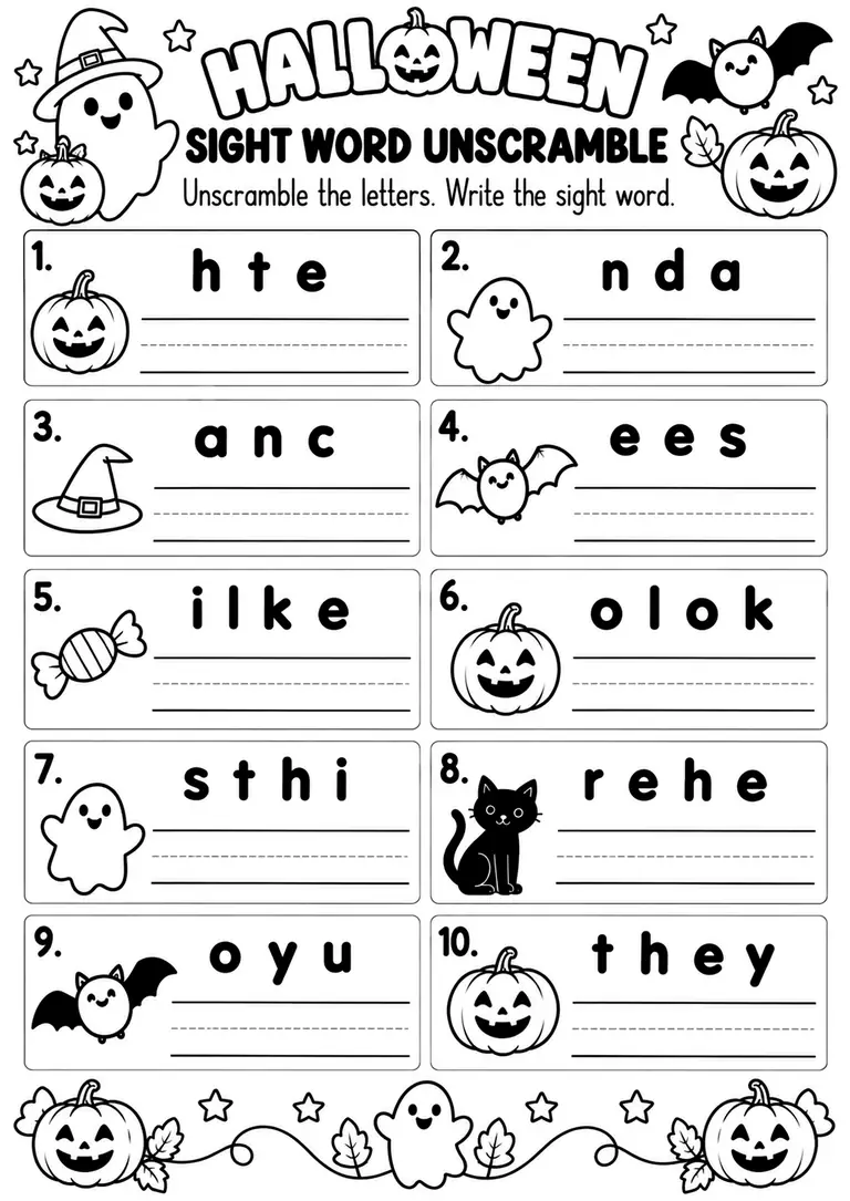 HALLOWEEN SIGHT WORD UNSCRAMBLE for Kindergarten, 1st Grade